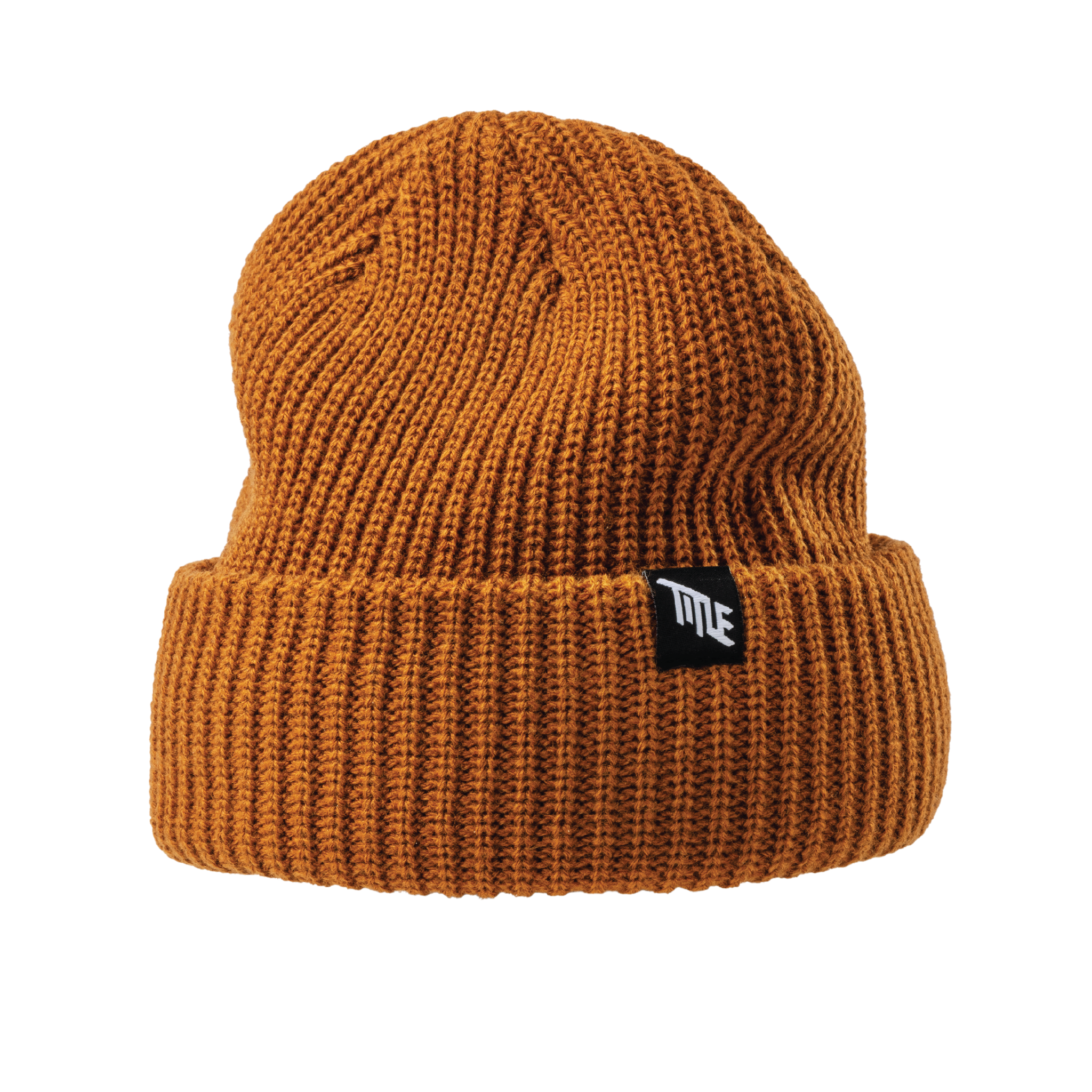 The Beanie by Title MTB: a rust-colored acrylic toque with folded brim and black logo tag for cozy comfort.